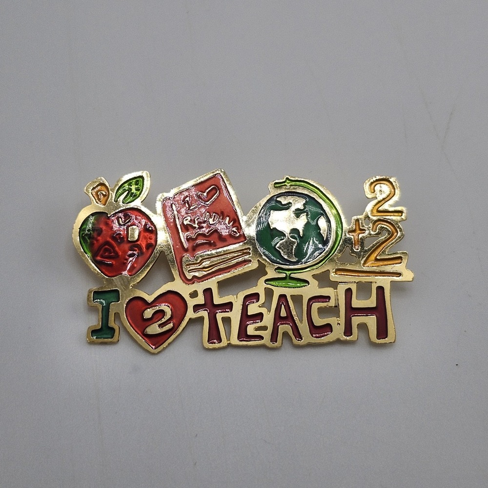 Two Hands Teacher Brooch I Love 2 Teach Reading Heart Apple Globe Enamel 2.25"